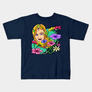 Colored Flowers and Young Woman Kids T-Shirt